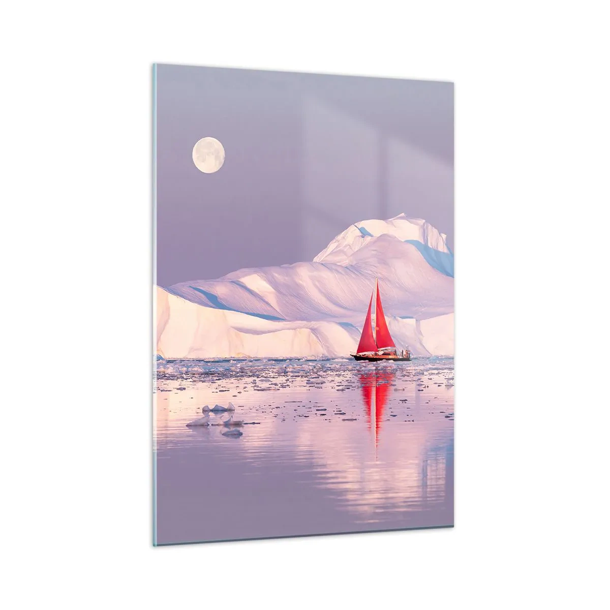 Obraz na szkle - Żaglówka na tle lodowców w świetle księżyca - 50x70cm - Żar żagla, chłód lodu - Nowoczesna dekoracja ścienna do salonu, kuchni i sypialni ARTTOR