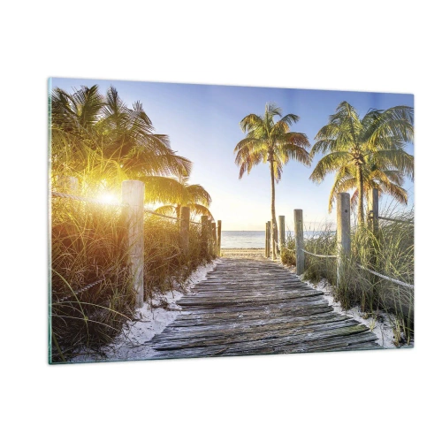 Obraz na szkle - Drewniana ścieżka na plaży w otoczeniu palm - 120x80cm - Prosto do raju - Nowoczesna dekoracja ścienna do salonu, kuchni i sypialni ARTTOR
