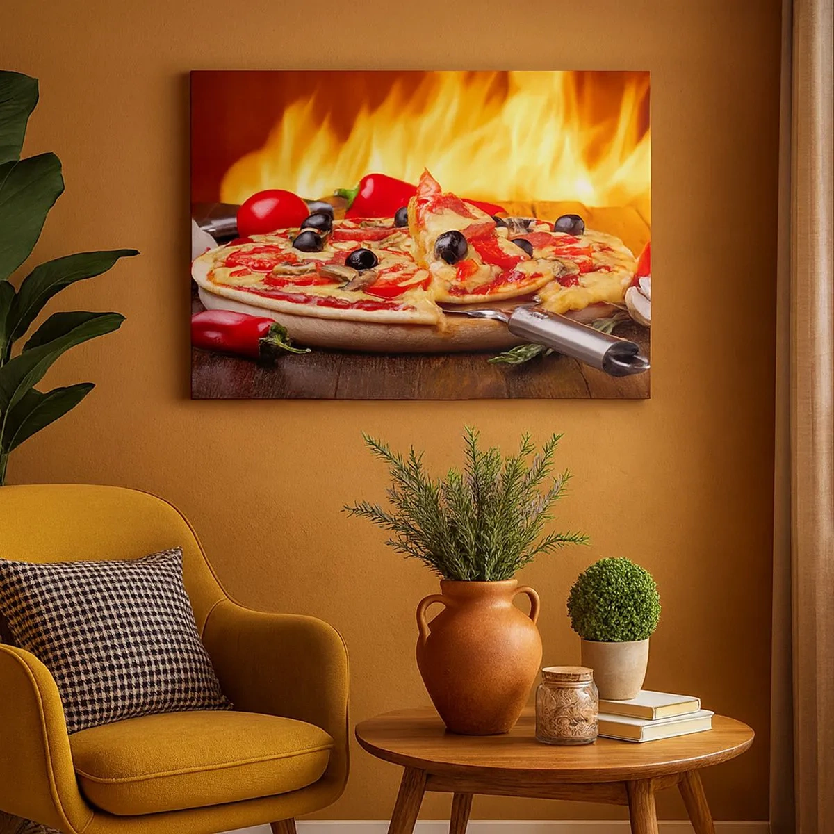 Obraz na płótnie - Pizza z oliwkami, pomidorami i papryką na tle płomieni - 70x50cm - From Italy with love - Nowoczesna dekoracja ścienna do salonu i sypialni ARTTOR