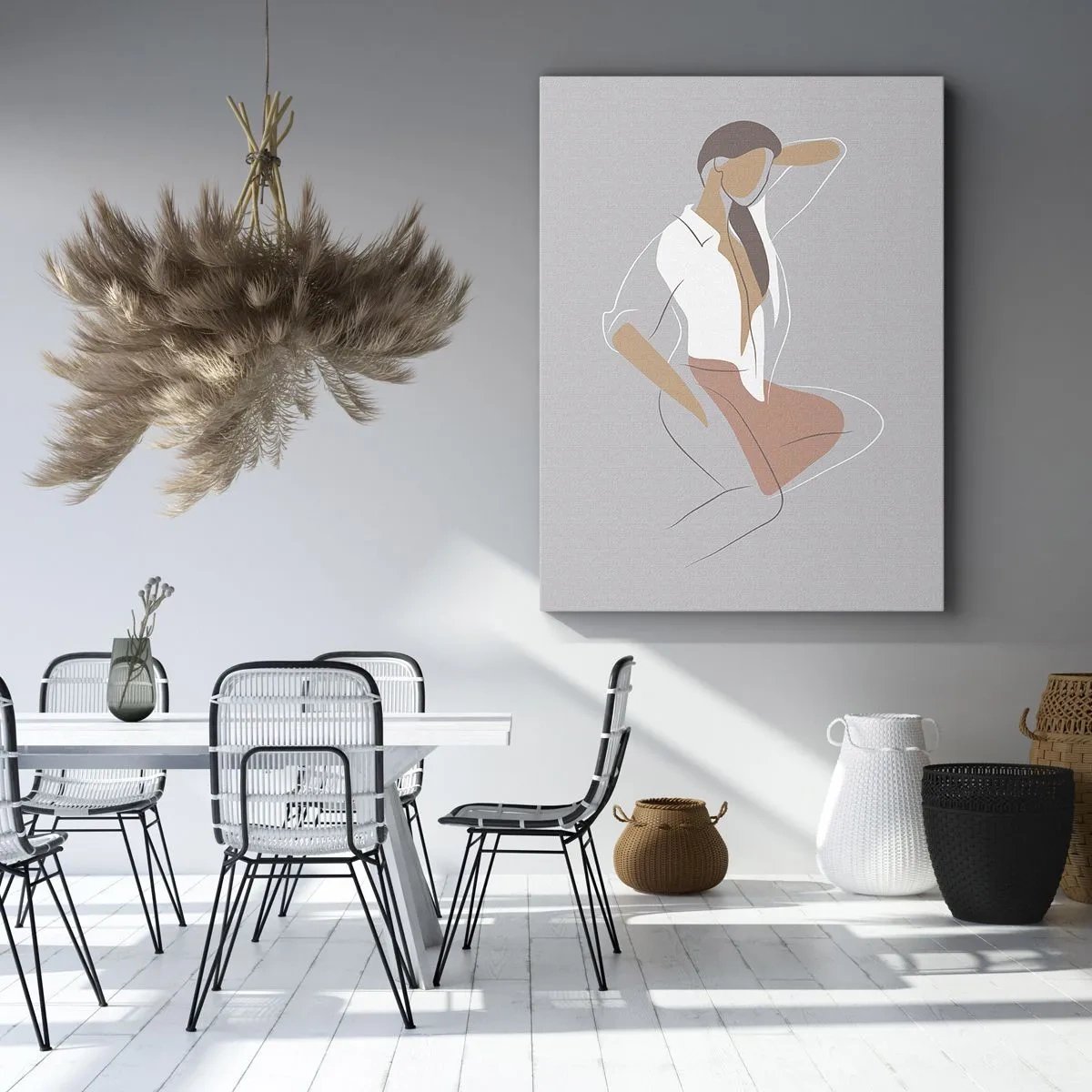Obraz na płótnie - Minimalistyczny zarys kobiety w pastelowych kolorach - 50x70cm - Zarys wdzięku - Nowoczesna dekoracja ścienna do salonu, kuchni i sypialni ARTTOR