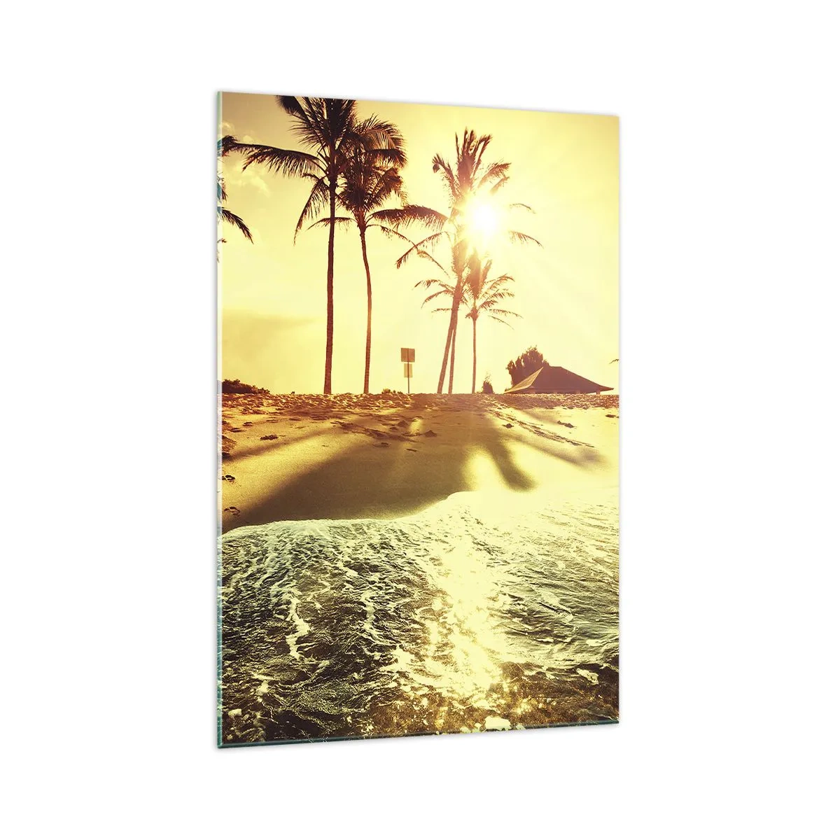 Obraz na szkle - Plaża z palmami oświetlona ciepłym zachodem słońca - 70x100cm - Kalifornijskie popołudnie - Nowoczesna dekoracja ścienna do salonu i sypialni ARTTOR