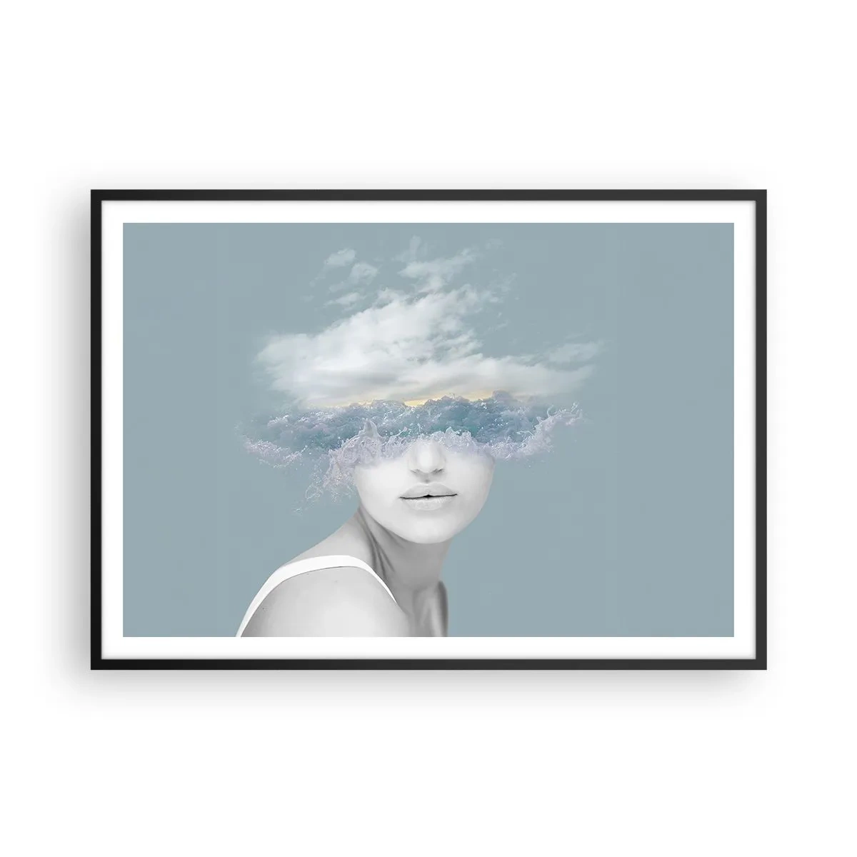 Plakat w czarnej ramie - Portret kobiety z twarzą ukrytą za chmurami i falami - 100x70cm - Z głową w chmurach - Nowoczesna dekoracja ścienna do salonu i sypialni ARTTOR