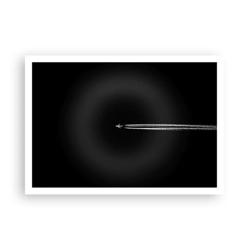 Plakat - Samolot odrzutowy z widoczną smugą na czarnym tle - 100x70cm - W inny wymiar - Nowoczesna dekoracja ścienna do salonu i sypialni ARTTOR
