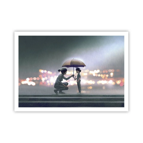 Plakat - Postać z parasolem chroniąca dziecko na tle nocnych świateł - 100x70cm - I już jest wszystko dobrze - Nowoczesna dekoracja ścienna do salonu i sypialni ARTTOR