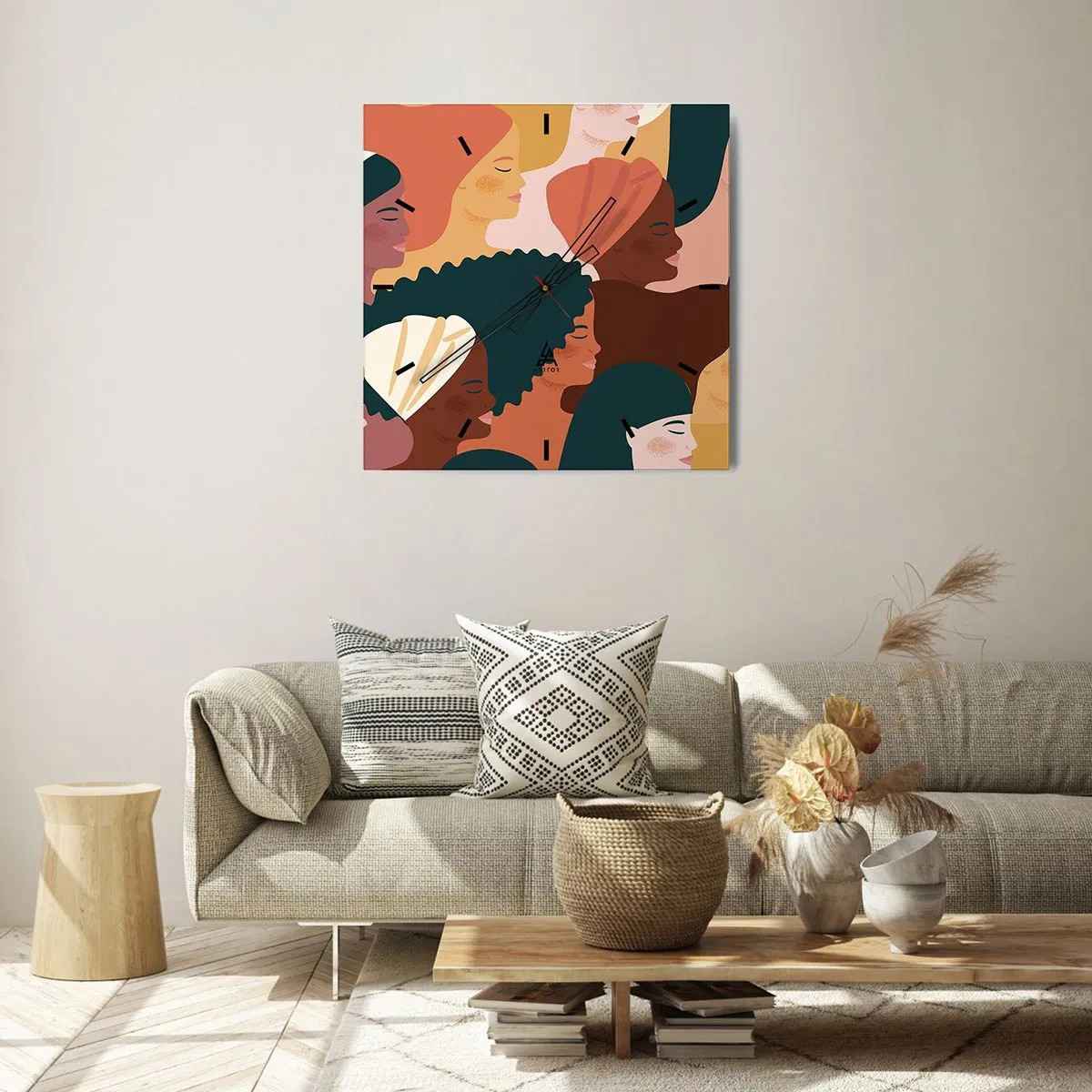 Zegar ścienny - Kolorowe profile kobiet w różnorodnych stylizacjach - 30x30cm - Tylko kobiecość - Nowoczesna dekoracja ścienna do salonu i sypialni ARTTOR