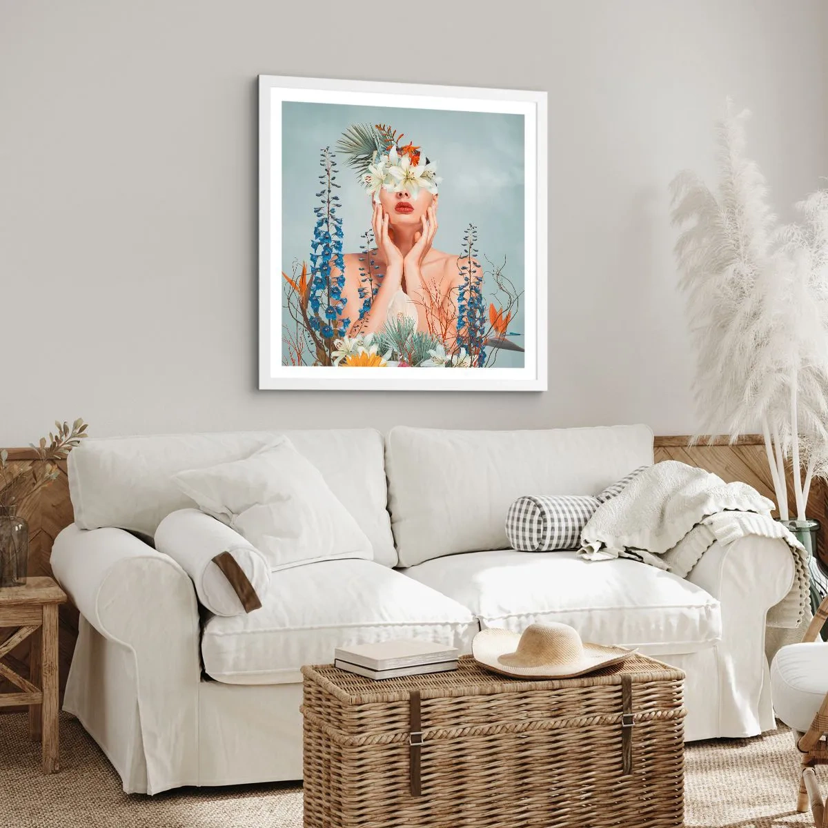 Plakat w białej ramie - Kobieta – kwiat - 50x50 cm