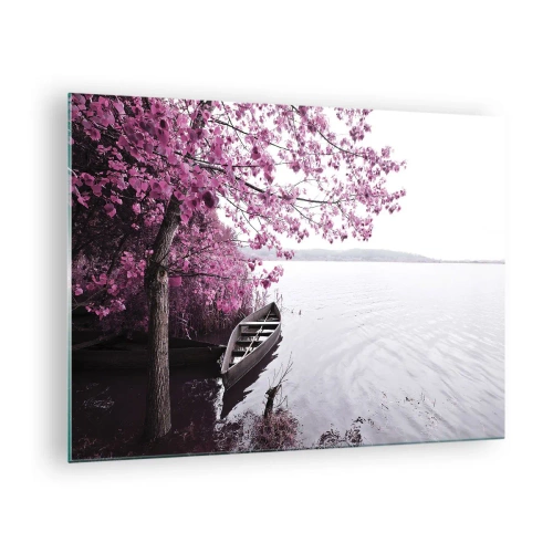 Obraz na szkle - Łódka przy brzegu z różowym drzewem nad wodą - 70x50cm - W różowej ciszy - Nowoczesna dekoracja ścienna do salonu i sypialni ARTTOR