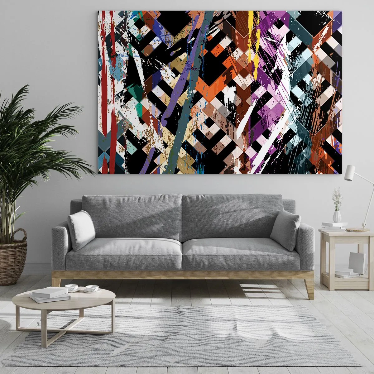Obraz na szkle - Abstrakcyjna kompozycja z geometrycznymi wzorami i intensywnymi kolorami - 100x70cm - Podniesione do kwadratu - Nowoczesna dekoracja ścienna do salonu, kuchni i sypialni ARTTOR