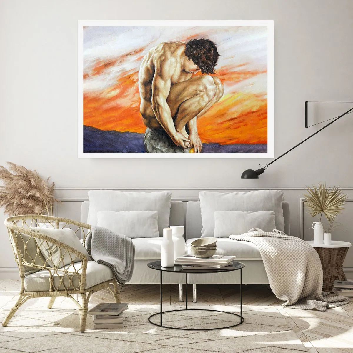 Plakat - Mężczyzna w zamyśleniu na tle zachodu słońca - 100x70cm - Zatopiony w sobie - Nowoczesna dekoracja ścienna do salonu i sypialni ARTTOR