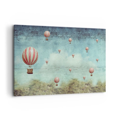 Obraz na płótnie - Retro balony na tle błękitnego nieba i zieleni - 120x80cm - Wolni od zgiełku życia - Nowoczesna dekoracja ścienna do salonu, kuchni i sypialni ARTTOR