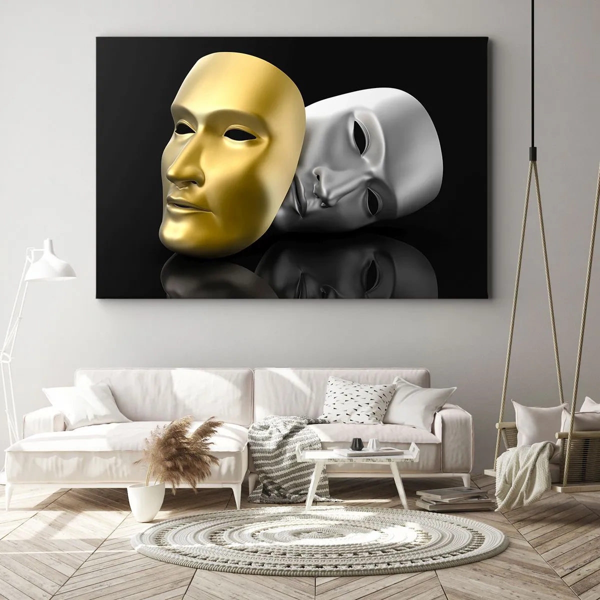 Obraz na płótnie - Złota i srebrna maska na czarnym tle - 70x50cm - Życie to jest teatr - Nowoczesna dekoracja ścienna do salonu i sypialni ARTTOR
