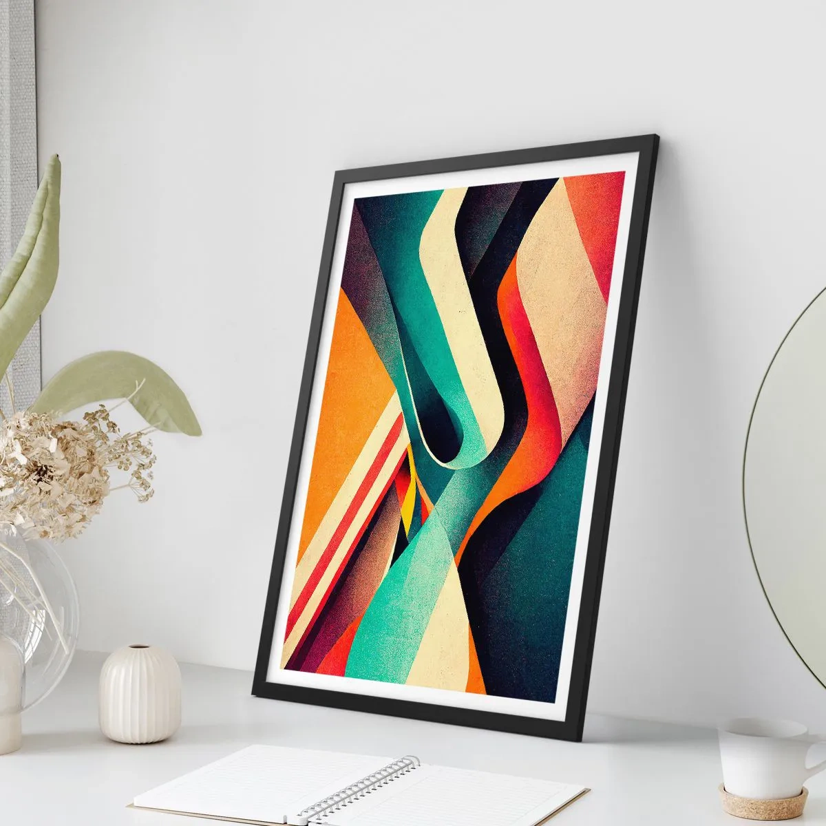 Plakat w czarnej ramie - Abstrakcyjne fale w żywych kolorach retro - 50x70cm - Kompozycja intensywna - Nowoczesna dekoracja ścienna do salonu i sypialni ARTTOR