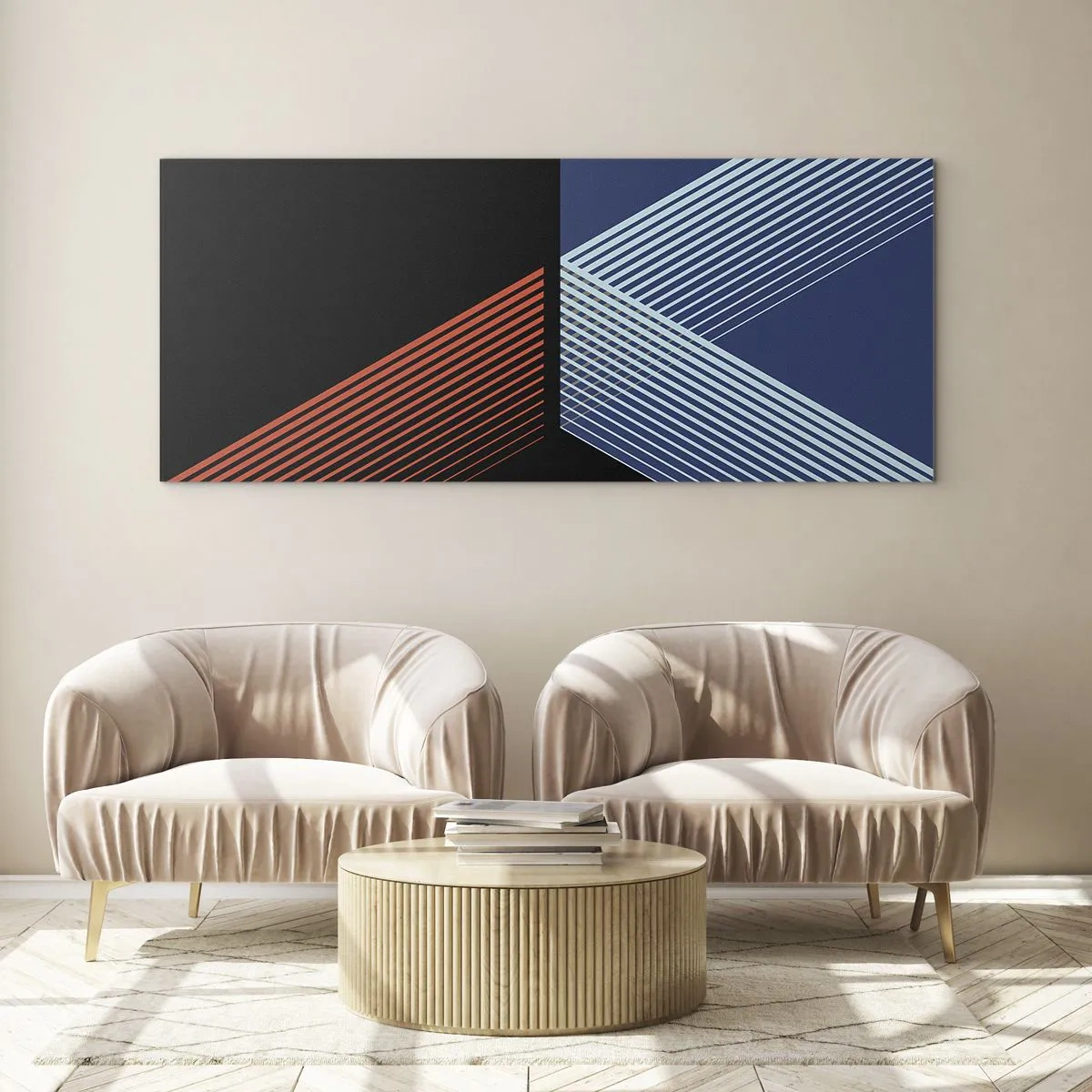 Obraz na szkle - Geometryczne linie w odcieniach czerwieni i błękitu - 120x50cm - Prosta historia - Nowoczesna dekoracja ścienna do salonu i sypialni ARTTOR