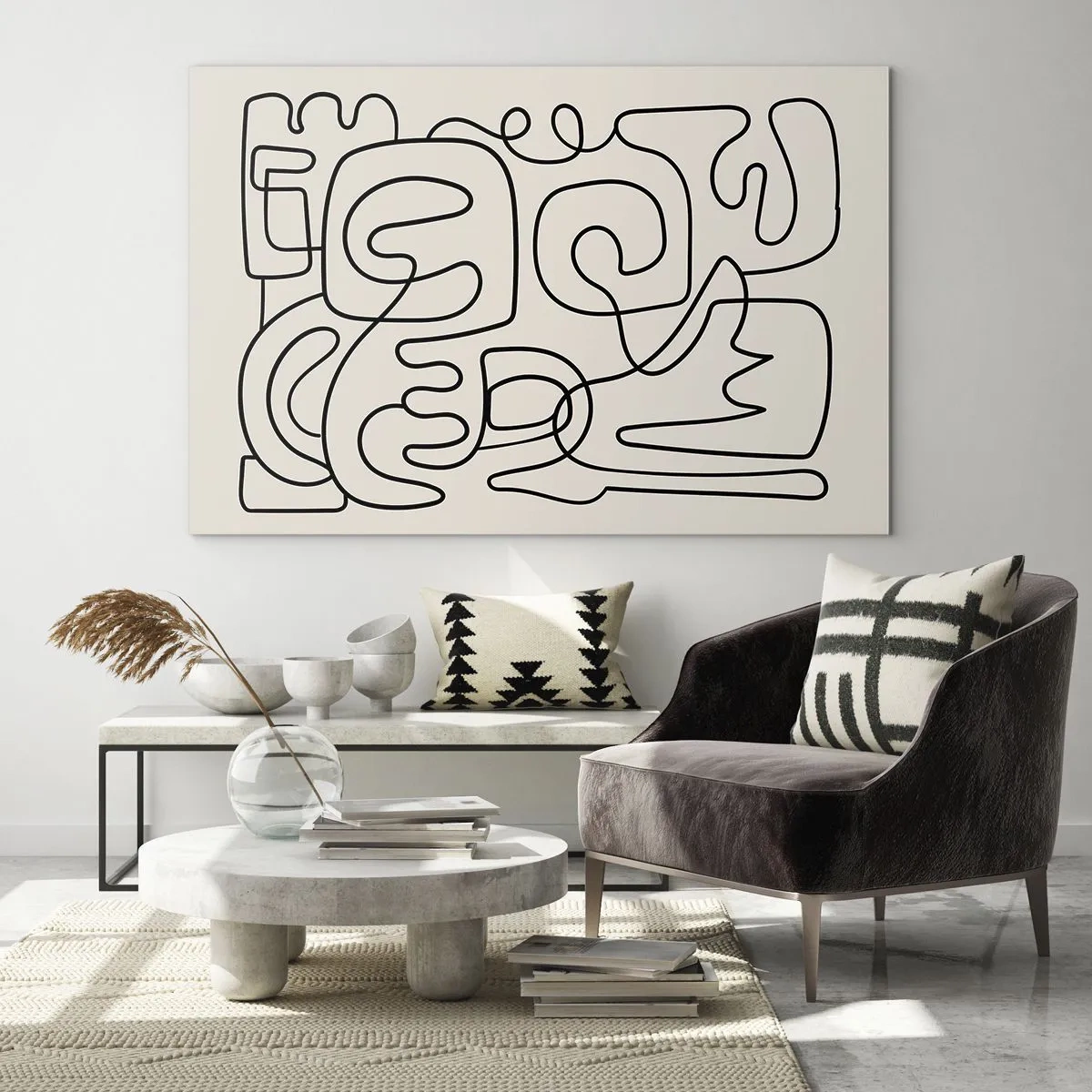 Obraz na szkle - Czarne abstrakcyjne linie tworzące złożony wzór na beżu - 70x50cm - Po śladzie - Nowoczesna dekoracja ścienna do salonu i sypialni ARTTOR