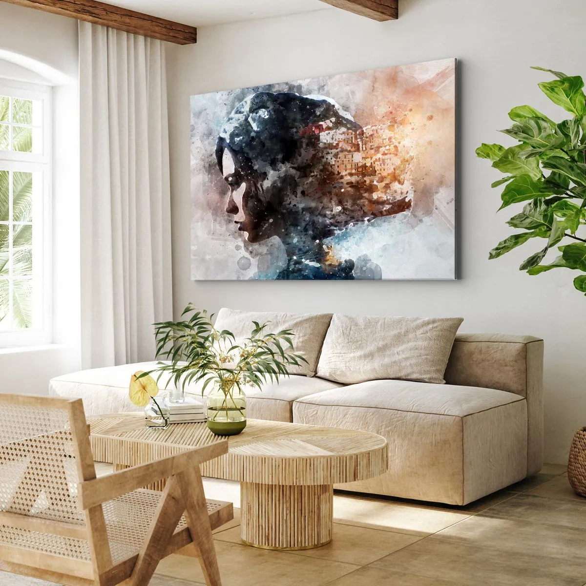 Obraz na płótnie - Portret kobiety łączący twarz z miejskim krajobrazem w tle - 70x50cm - Opowieść o dziewczynie z miastem w tle - Nowoczesna dekoracja ścienna do salonu i sypialni ARTTOR