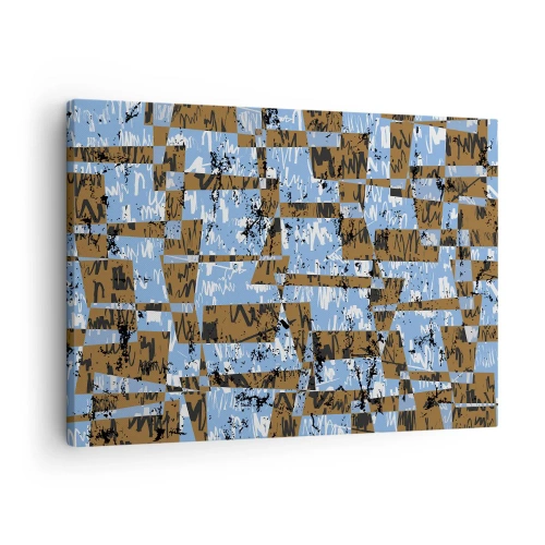 Obraz na płótnie - Abstrakcyjna kompozycja z prostokątów w odcieniach brązu i niebieskiego - 70x50cm - Nieludowa wycinanka - Nowoczesna dekoracja ścienna do salonu i sypialni ARTTOR