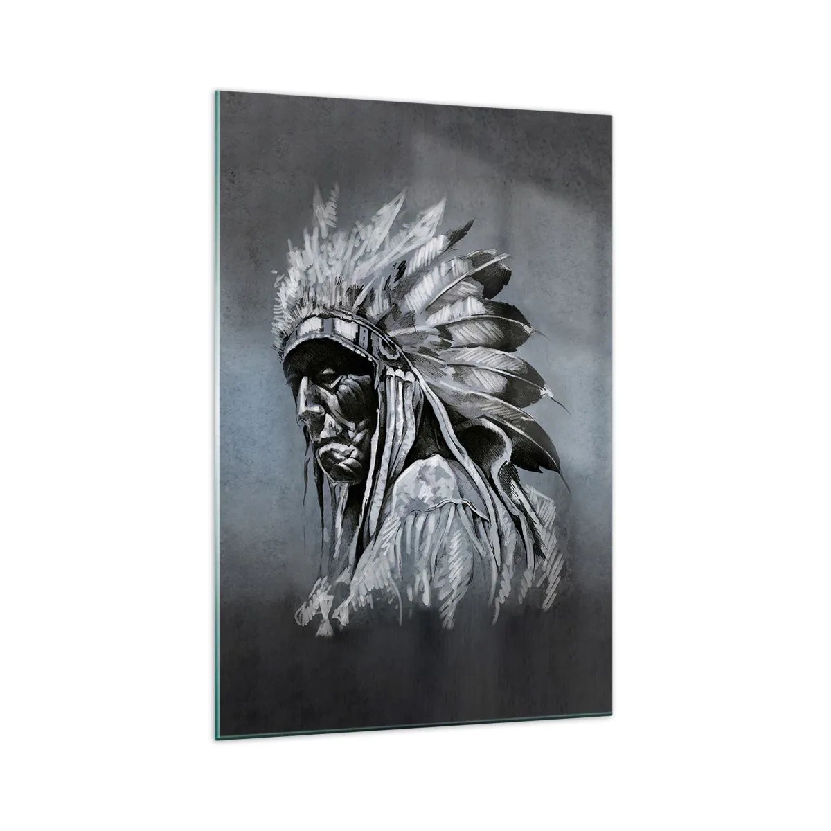 Obraz na szkle - Portret wodza indiańskiego w tradycyjnym pióropuszu - 70x100cm - Powrót do korzeni - Nowoczesna dekoracja ścienna do salonu i sypialni ARTTOR