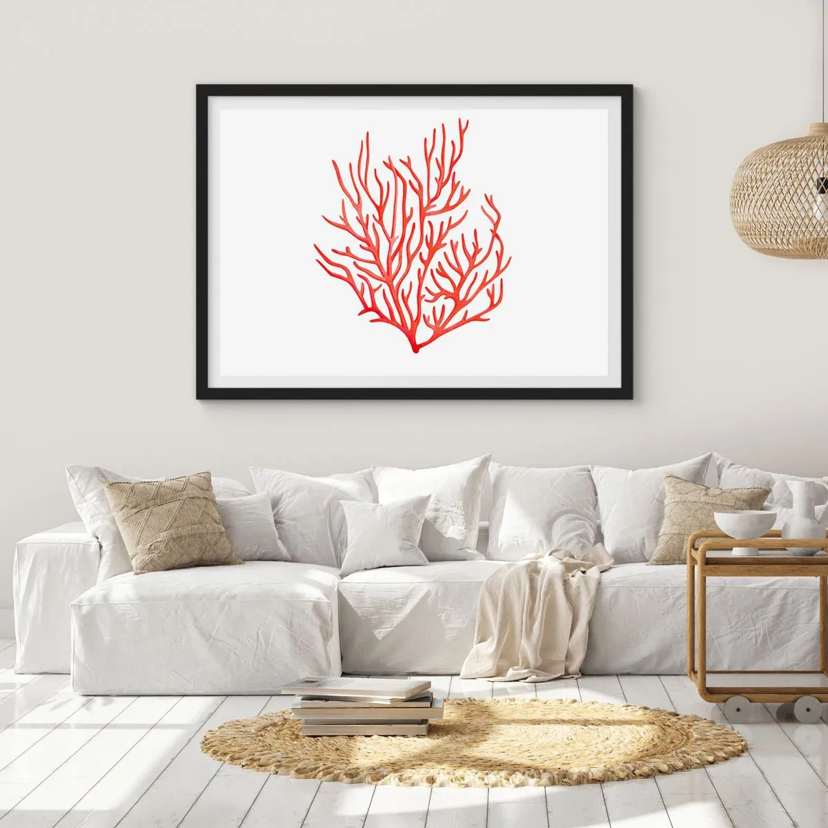 Plakat w czarnej ramie - Czerwony koral na białym tle w minimalistycznym stylu - 70x50cm - Koralowy filigran - Nowoczesna dekoracja ścienna do salonu i sypialni ARTTOR
