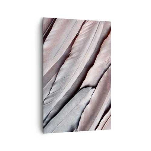 Obraz na płótnie - Delikatne pióra w subtelnych odcieniach szarości i beżu - 80x120cm - W różowej srebrzystości - Nowoczesna dekoracja ścienna do salonu i sypialni ARTTOR