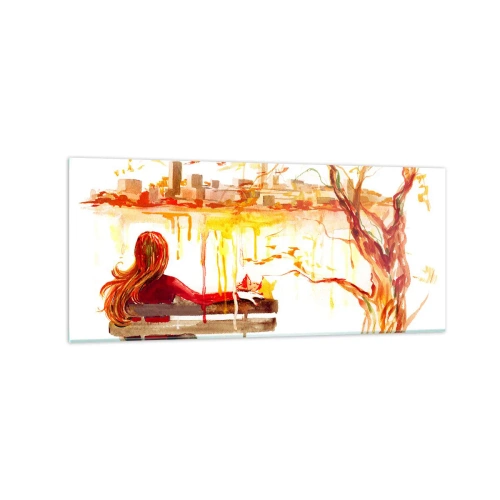 Obraz na szkle - Akwarelowa scena kobiety na ławce z widokiem na miasto - 120x50cm - Chwila zadumy - Nowoczesna dekoracja ścienna do salonu i sypialni ARTTOR