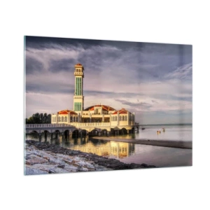 Obraz na szkle - Meczet na wodzie w malowniczym świetle - 100x70cm - Swiątynia natury - Nowoczesna dekoracja ścienna do salonu, kuchni i sypialni ARTTOR