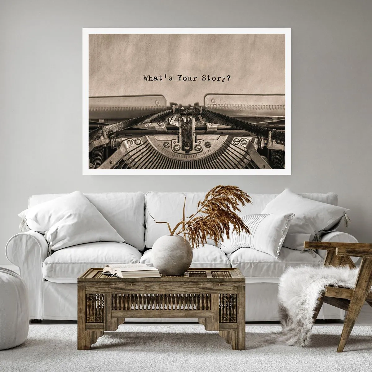 Plakat - Maszyna do pisania z napisem What’s Your Story? - 100x70cm - Opowiedz mi - Nowoczesna dekoracja ścienna do salonu i sypialni ARTTOR