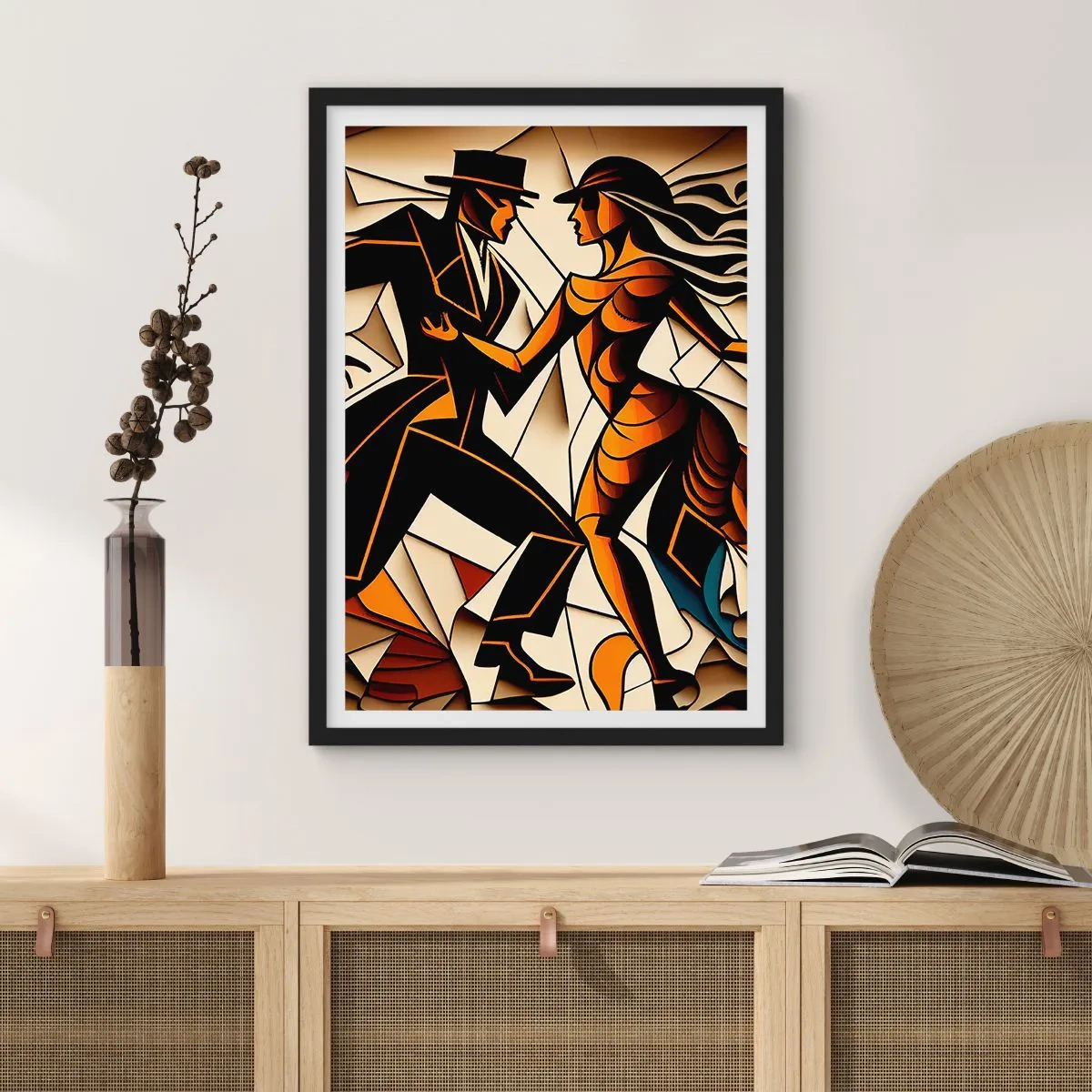 Plakat w czarnej ramie - Dynamiczna para tańcząca tango w stylu kubistycznym - 50x70cm - Taniec pasji i namiętności - Nowoczesna dekoracja ścienna do salonu i sypialni ARTTOR