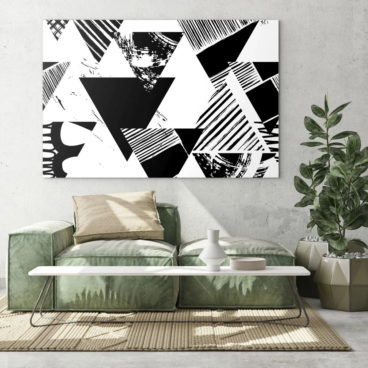Obraz na szkle - Czarno-białe geometryczne wzory z motywem trójkątów - 70x50cm - Deszcz trójkątów - Nowoczesna dekoracja ścienna do salonu i sypialni ARTTOR