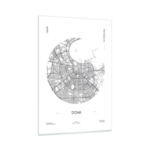 Obraz na szkle - Minimalistyczna mapa Dohy w czarno-białej kolorystyce z precyzyjnymi detalami - 70x100cm - Anatomia Dohy - Nowoczesna dekoracja ścienna do salonu i sypialni ARTTOR