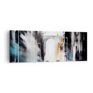 Obraz na płótnie - Abstrakcyjna panorama miasta z łukowym mostem - 140x50cm - Studium miasta: architektura i ruch - Nowoczesna dekoracja ścienna do salonu i sypialni ARTTOR