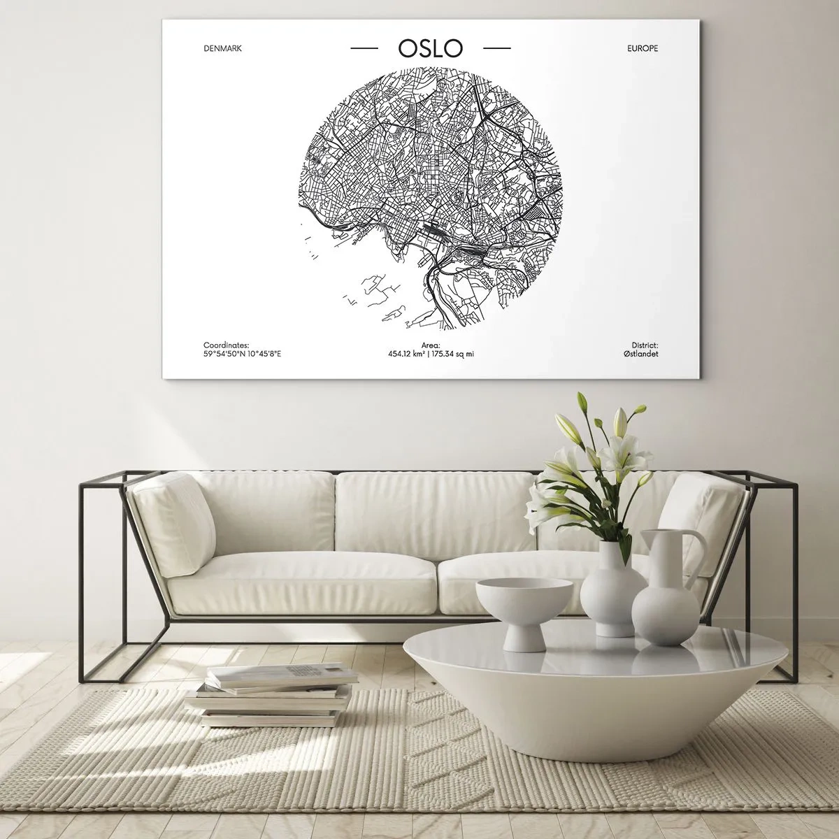 Obraz na szkle - Mapa miasta Oslo w stylu graficznym w czerni i bieli - 70x50cm - Anatomia Oslo - Nowoczesna dekoracja ścienna do salonu i sypialni ARTTOR