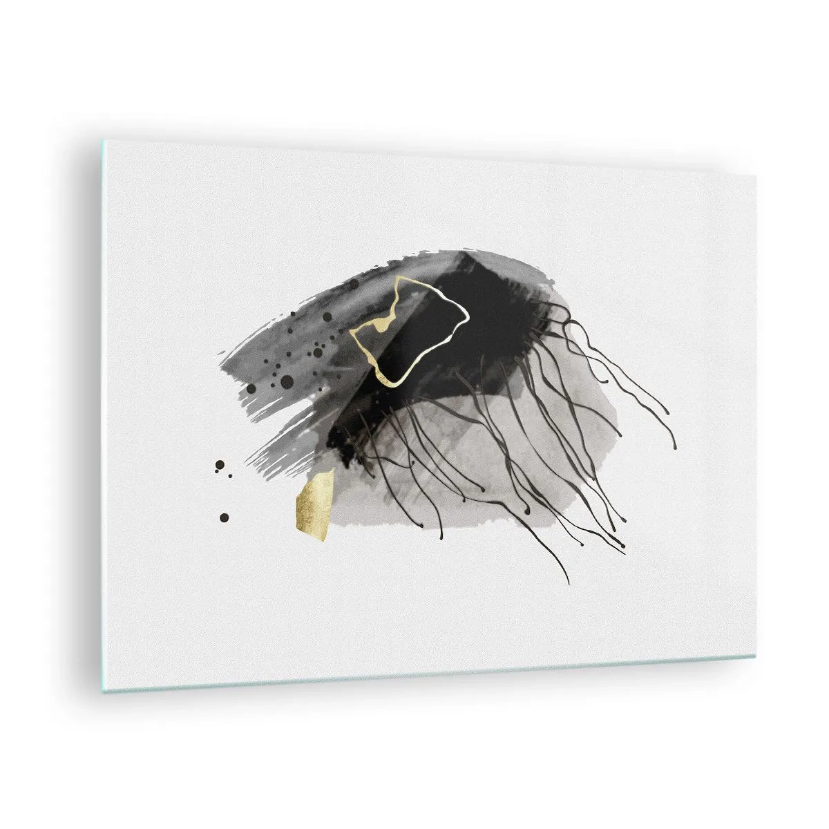 Obraz na szkle - Abstrakcyjna kompozycja czerni i złota na białym tle - 70x50cm - W czerni i w złocie - Nowoczesna dekoracja ścienna do salonu i sypialni ARTTOR