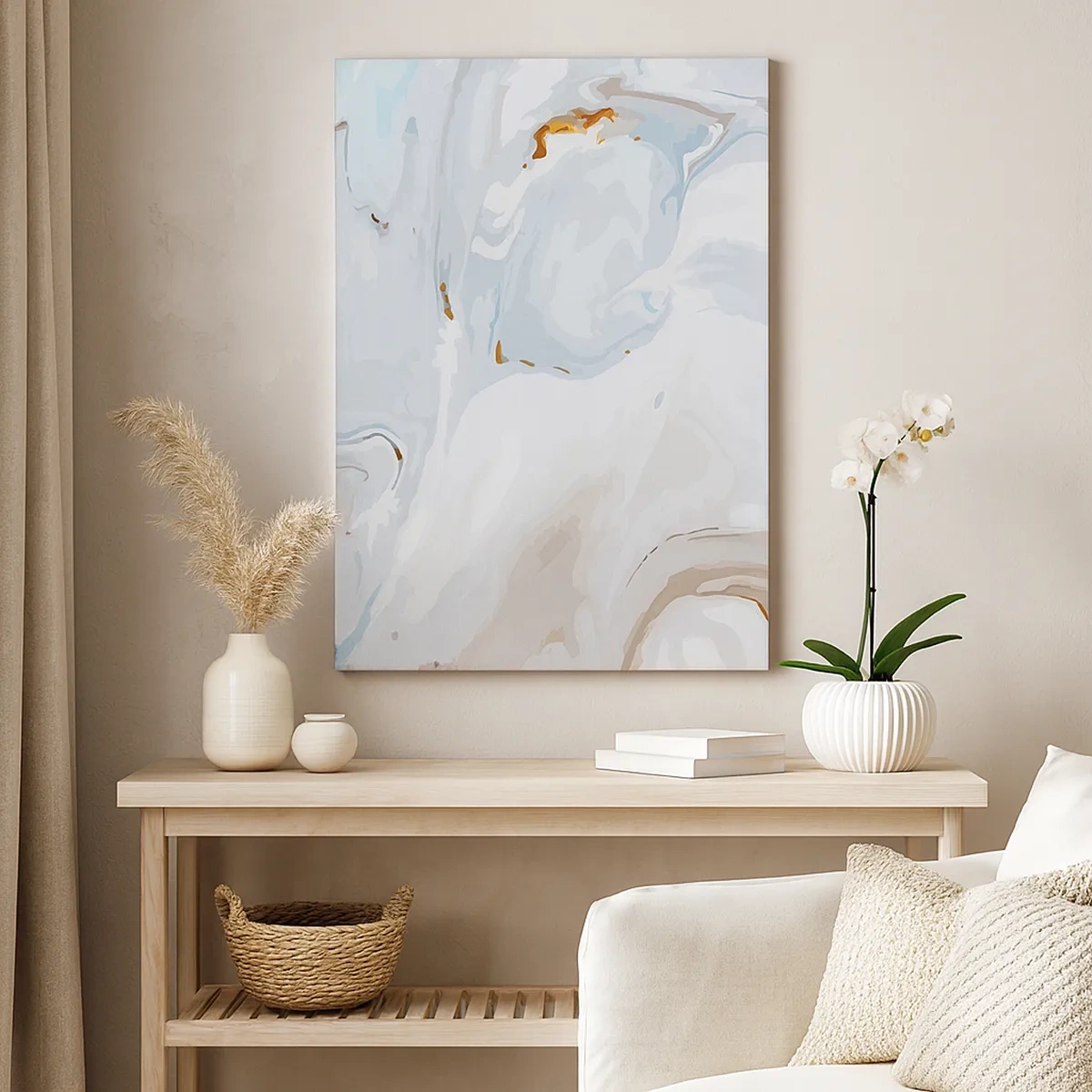 Obraz na płótnie - Abstrakcyjny wzór z płynnymi liniami w odcieniach bieli, błękitu i złota - 50x70cm - Biel wypiętrzona - Nowoczesna dekoracja ścienna do salonu, kuchni i sypialni ARTTOR