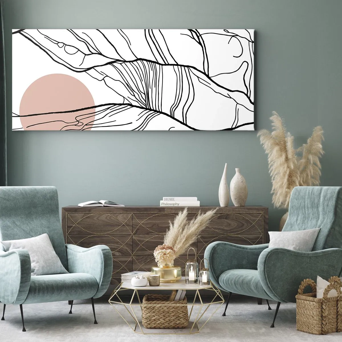 Obraz na płótnie - Minimalistyczne linie z geometrycznym akcentem - 160x50cm - W sieci gałązek - Nowoczesna dekoracja ścienna do salonu i sypialni ARTTOR