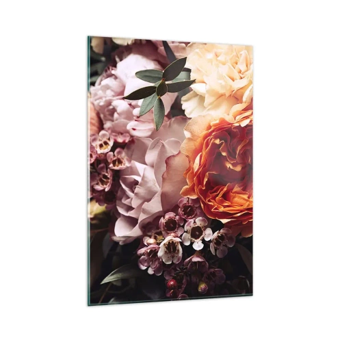 Obraz na szkle - Kompozycja kolorowych kwiatów w zbliżeniu - 80x120cm - Otulone pięknem - Nowoczesna dekoracja ścienna do salonu i sypialni ARTTOR
