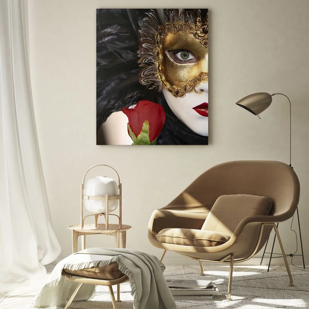 Obraz na szkle - Karnawałowa maska z czerwoną różą - 50x70cm - Bo życie to wielki bal - Nowoczesna dekoracja ścienna do salonu, kuchni i sypialni ARTTOR