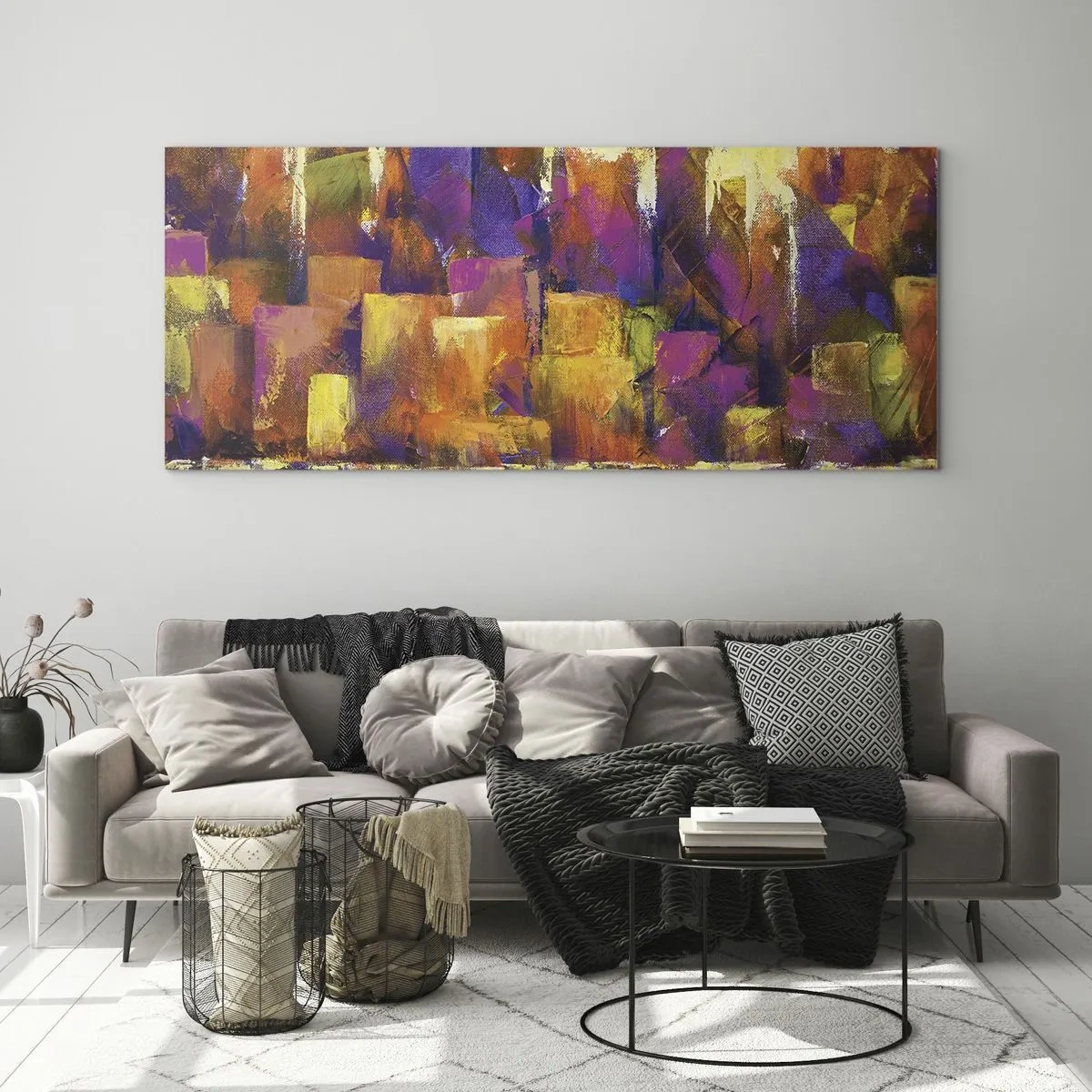 Obraz na szkle - Abstrakcyjna kompozycja metropolii w odcieniach żółci i fioletu - 120x50cm - Kompozycja metropolitalna - Nowoczesna dekoracja ścienna do salonu i sypialni ARTTOR