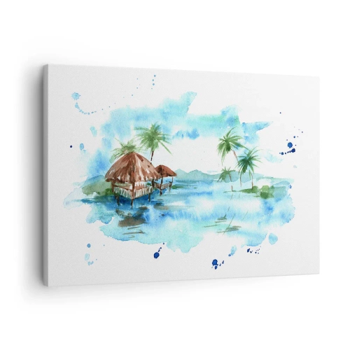 Obraz na płótnie - Akwarela tropikalnego krajobrazu z domkami i palmami - 70x50cm - Gdzieś na Pacyfiku - Nowoczesna dekoracja ścienna do salonu i sypialni ARTTOR