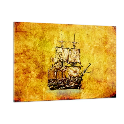 Obraz na szkle - Zabytkowy żaglowiec na tle stylizowanego pergaminu - 120x80cm - Kierunek Tortuga! - Nowoczesna dekoracja ścienna do salonu, kuchni i sypialni ARTTOR