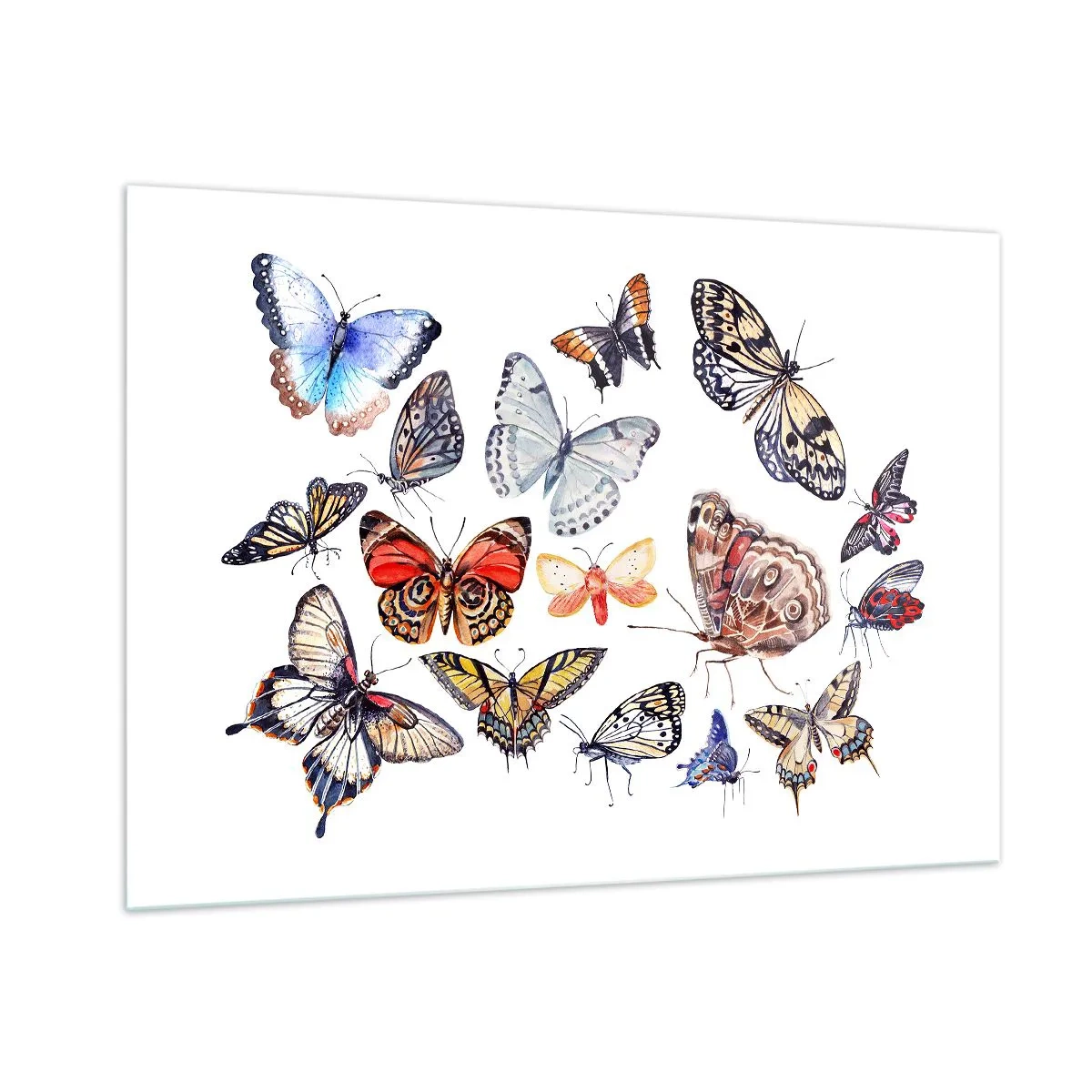 Obraz na szkle - Kolorowe motyle w artystycznej kompozycji - 100x70cm - Koronkowy, barwny rój - Nowoczesna dekoracja ścienna do salonu, kuchni i sypialni ARTTOR