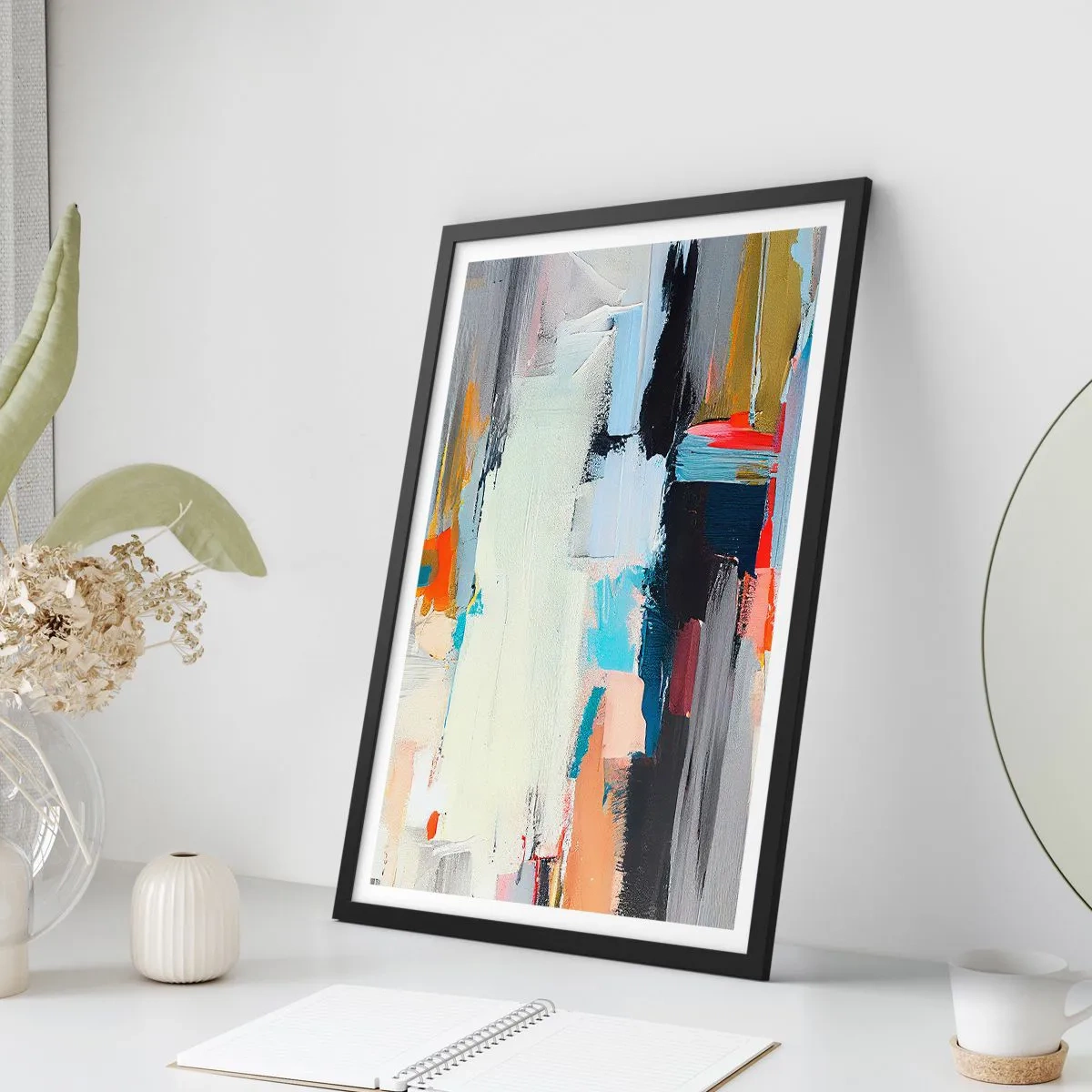 Plakat w czarnej ramie - Abstrakcyjna kompozycja kolorów w stylu ekspresyjnym - 50x70cm - Jest metoda? - Nowoczesna dekoracja ścienna do salonu i sypialni ARTTOR