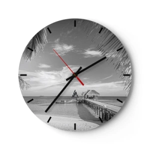 Zegar ścienny - Czarno-biały pomost z altaną na oceanie i palmami w kadrze - 30x30cm - Wspomnienie czy marzenie? - Nowoczesna dekoracja ścienna do salonu, kuchni i sypialni ARTTOR
