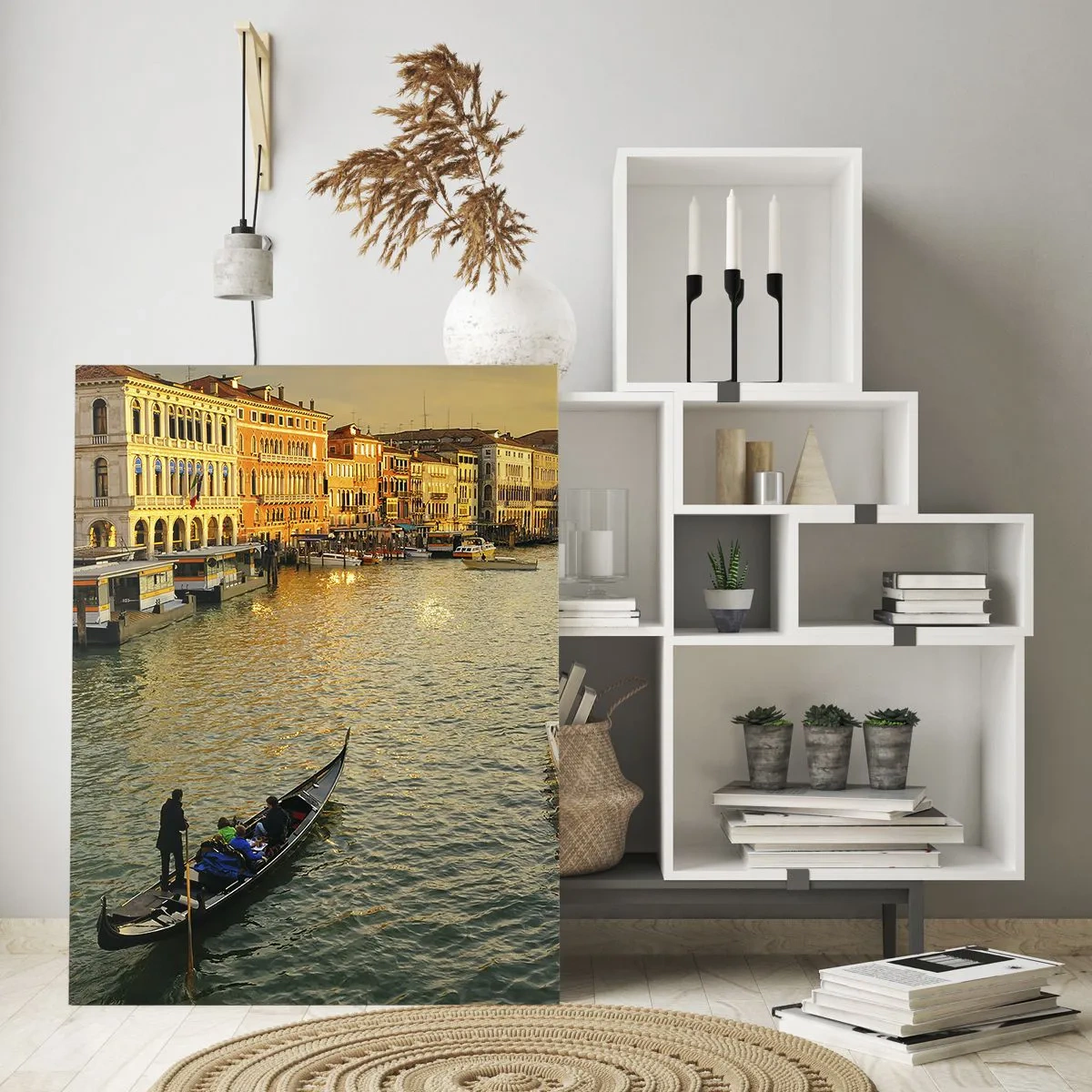 Obraz na szkle - Zachód słońca nad kanałem w Wenecji z gondolami - 50x70cm - Po słonecznej stronie ulicy - Nowoczesna dekoracja ścienna do salonu, kuchni i sypialni ARTTOR