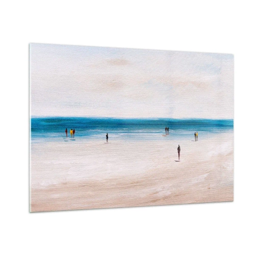 Obraz na szkle - Spokojna plaża z sylwetkami ludzi spacerujących przy linii morza - 100x70cm - Naturalna potrzeba - Nowoczesna dekoracja ścienna do salonu, kuchni i sypialni ARTTOR