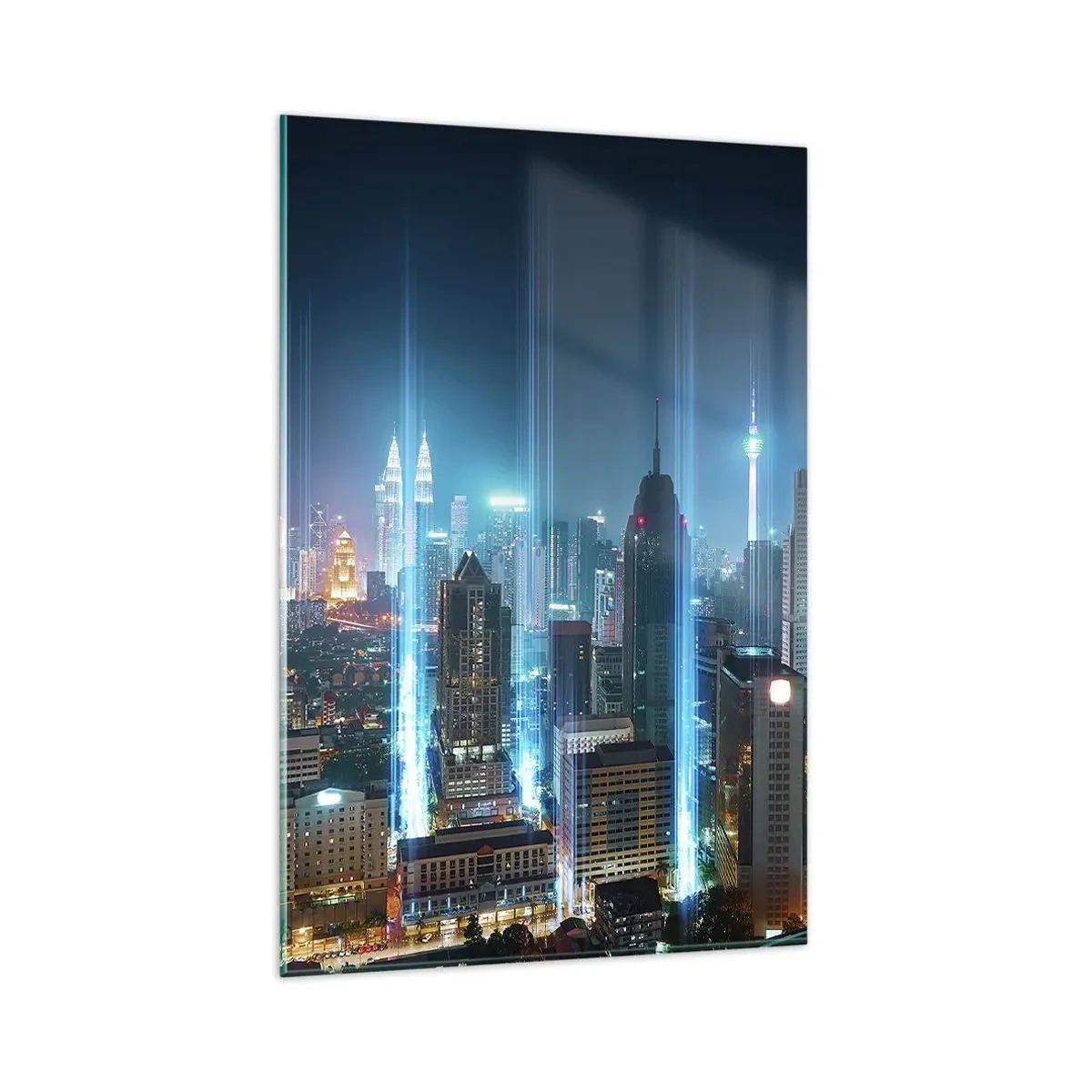 Obraz na szkle - Nowoczesne miasto nocą z futurystycznymi świetlnymi akcentami - 80x120cm - Po berlińsku do nieba - Nowoczesna dekoracja ścienna do salonu i sypialni ARTTOR