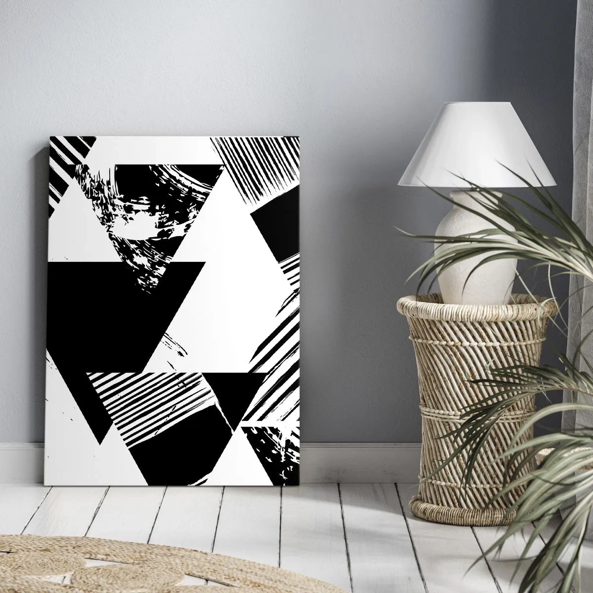Obraz na płótnie - Geometryczne wzory w czarno-białej minimalistycznej formie - 70x100cm - Deszcz trójkątów - Nowoczesna dekoracja ścienna do salonu i sypialni ARTTOR