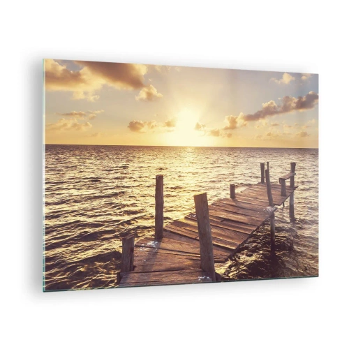 Obraz na szkle - Drewniany pomost na tle zachodzącego słońca - 70x50cm - Złota kraina łagodności - Nowoczesna dekoracja ścienna do salonu i sypialni ARTTOR