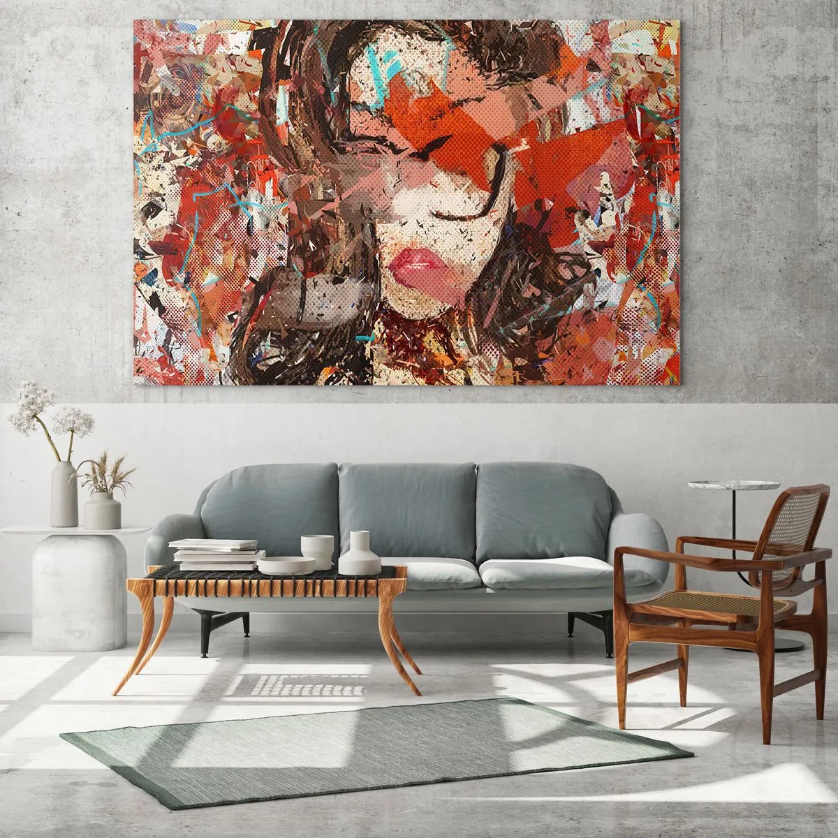 Obraz na szkle - Abstrakcyjny portret kobiety w odcieniach czerwieni i beżu - 70x50cm - Naprawdę, jaka jesteś, nie wie nikt - Nowoczesna dekoracja ścienna do salonu i sypialni ARTTOR