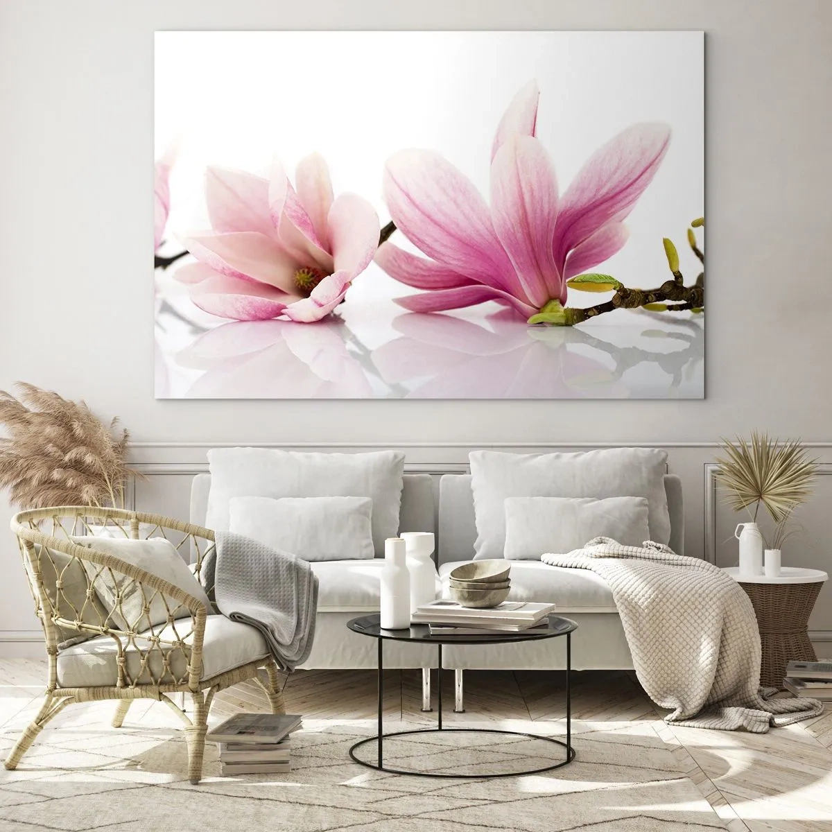 Obraz na szkle - Delikatne kwiaty magnolii na białym tle - 100x70cm - Delikatne jak powiew wiosny - Nowoczesna dekoracja ścienna do salonu, kuchni i sypialni ARTTOR