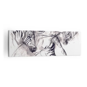 Obraz na płótnie - Kobieta w dynamicznym tańcu z zebrami w czarno-białej estetyce - 160x50cm - Tańcząca z zebrami - Nowoczesna dekoracja ścienna do salonu i sypialni ARTTOR